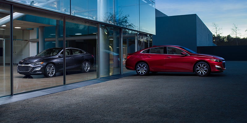 two, one red and one black, brand new 2024 Chevrolet Malibu in a show room